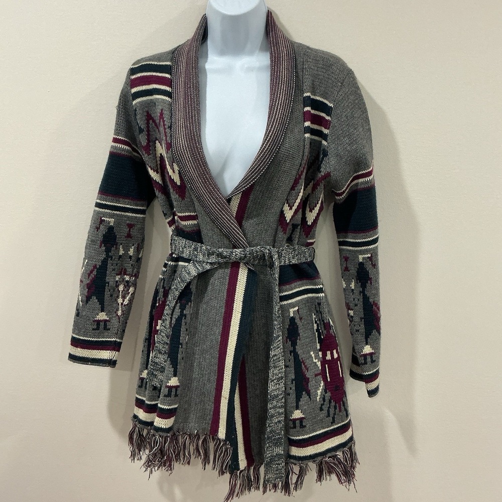 I Love H81 Open Front Cardigan Sweater Tribal Southwestern Womens M Fringe